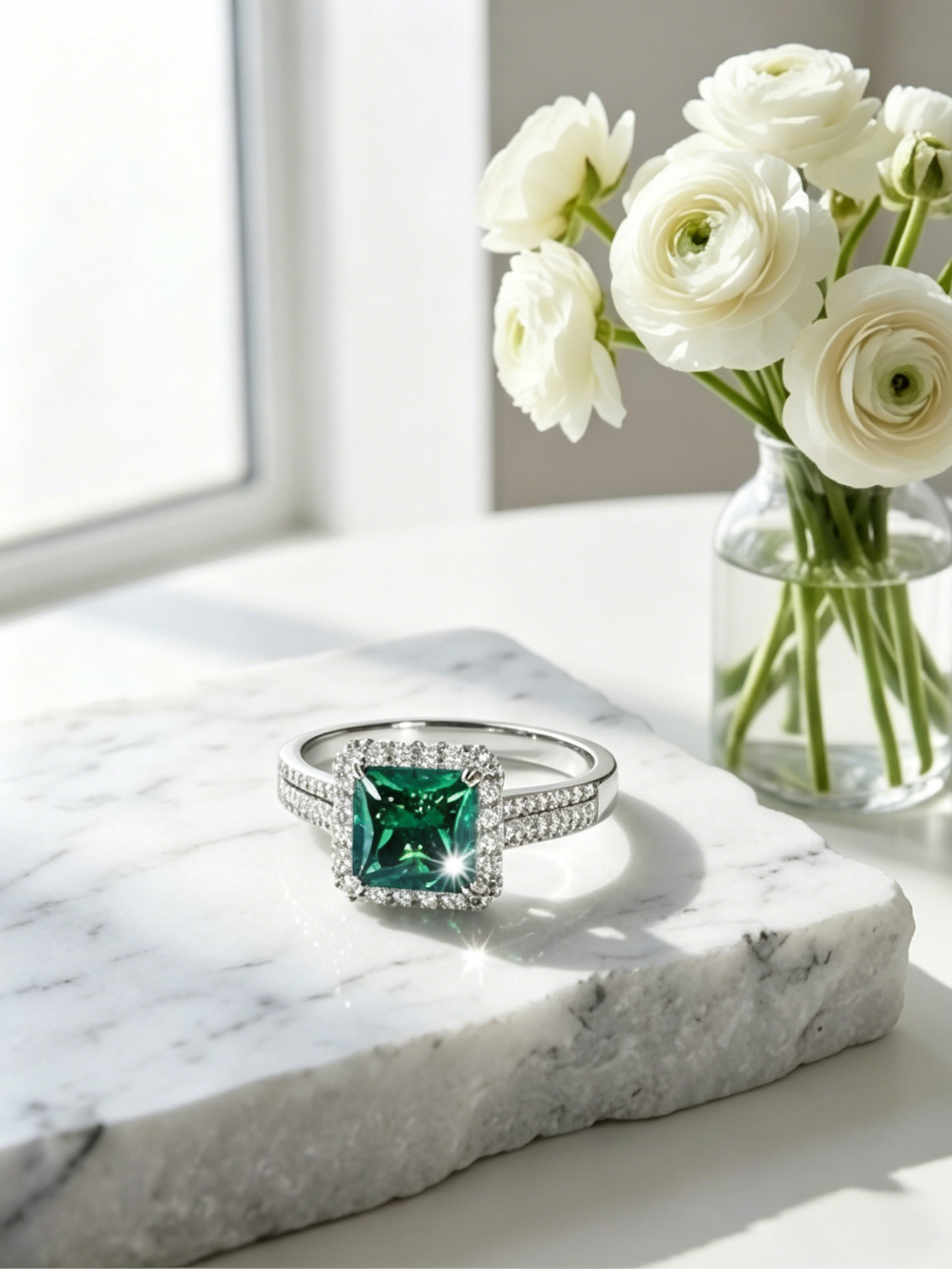 Green moissanite halo ring side view — white accent halo, dual pavé band detail | TARA AYARH LUNE