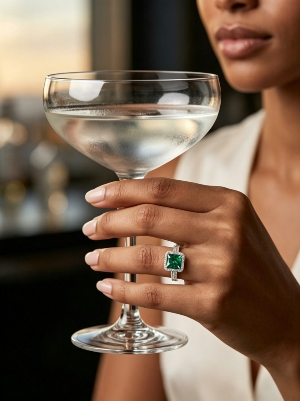 Green moissanite princess halo ring on hand — verdant majesty setting, platinum-plated S925 silver | TARA AYARH LUNE