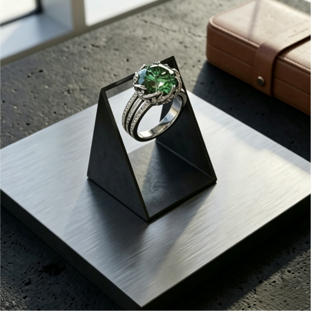 3ct green moissanite vine halo ring — 100-facet stellar cut, forest green, triple-row band | TARA AYARH LUNE