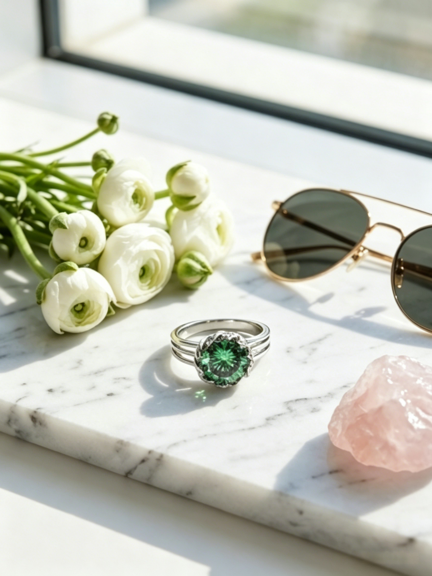 Green moissanite vine halo ring side view — botanical vine setting, openwork band detail | TARA AYARH LUNE