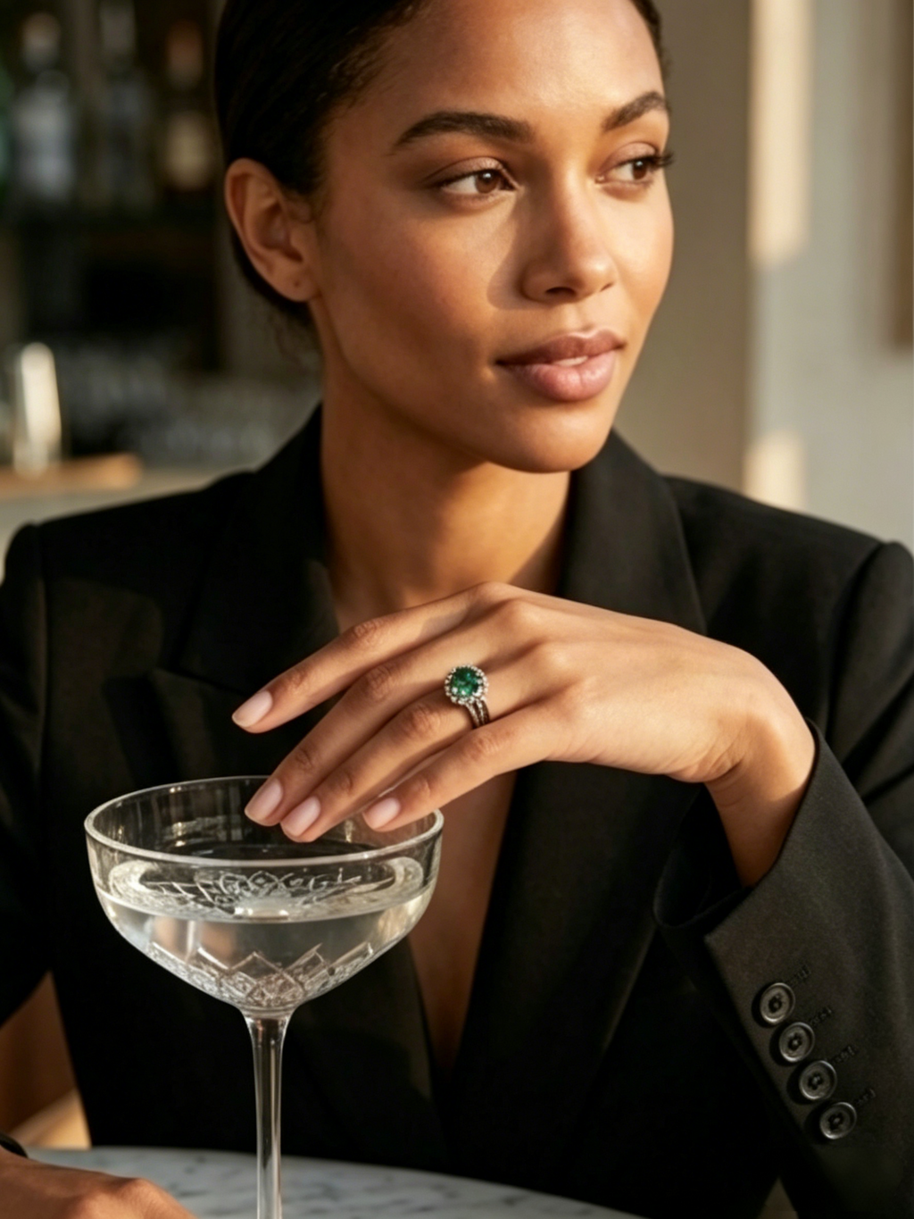 Green moissanite vine halo ring on hand — nature-inspired setting, platinum-plated S925 silver | TARA AYARH LUNE