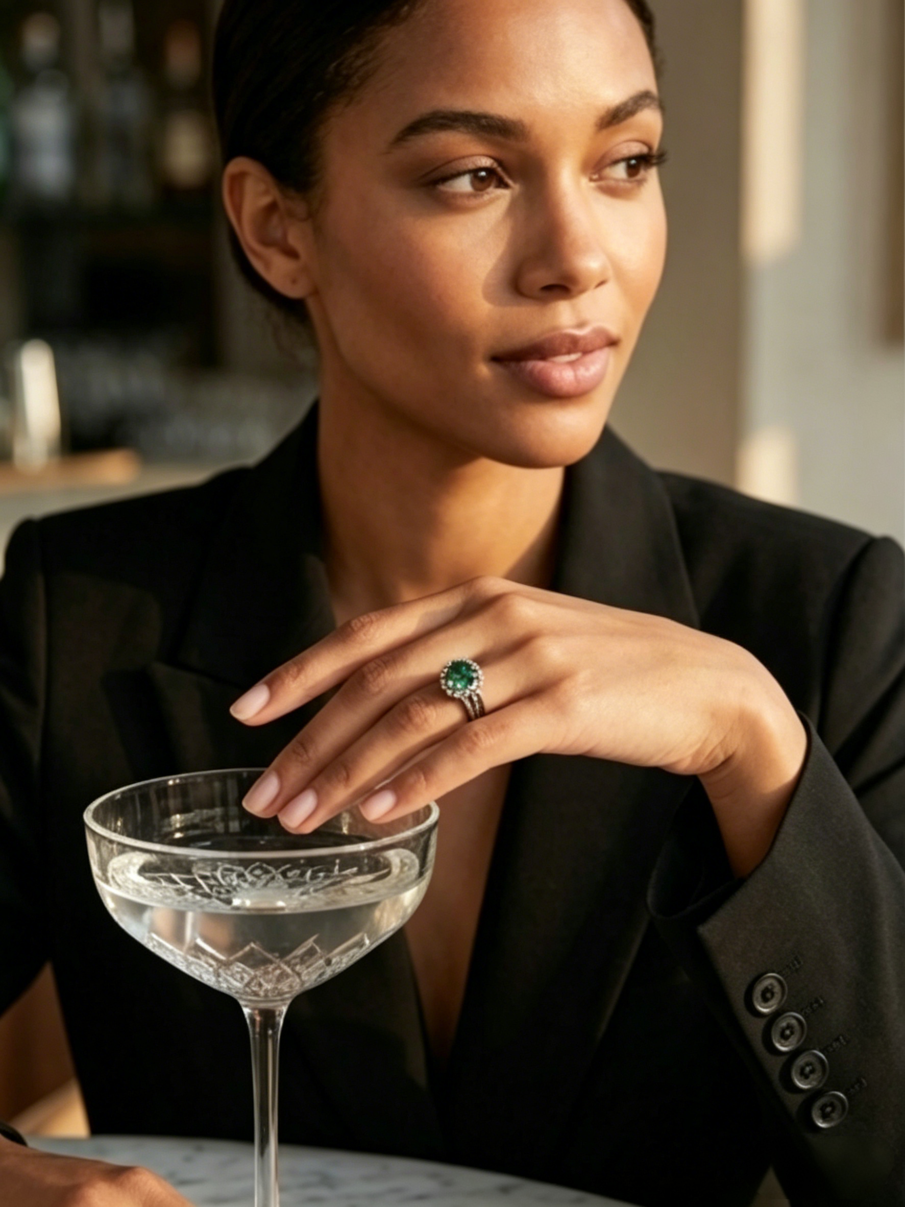 Green moissanite vine halo ring on hand — nature-inspired setting, platinum-plated S925 silver | TARA AYARH LUNE