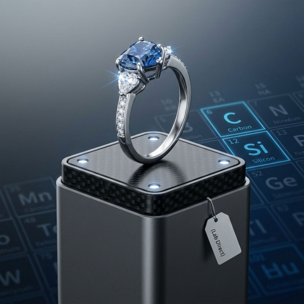 2.4ct heart-cut blue moissanite trilogy ring — nexus heart setting, VVS1, 925 sterling silver | TARA AYARH LUNE