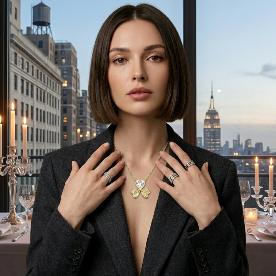 Heart-Cut Moissanite Clover Pendant Necklace | Golden Heartbeat 14K Gold Pavé Setting | TARA AYARH LUNE