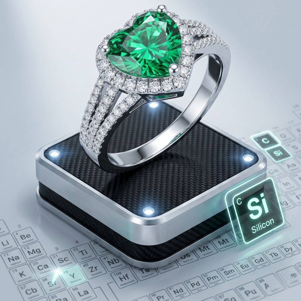 2ct heart-cut emerald green moissanite halo ring — dual-row split-shank pavé band | TARA AYARH LUNE