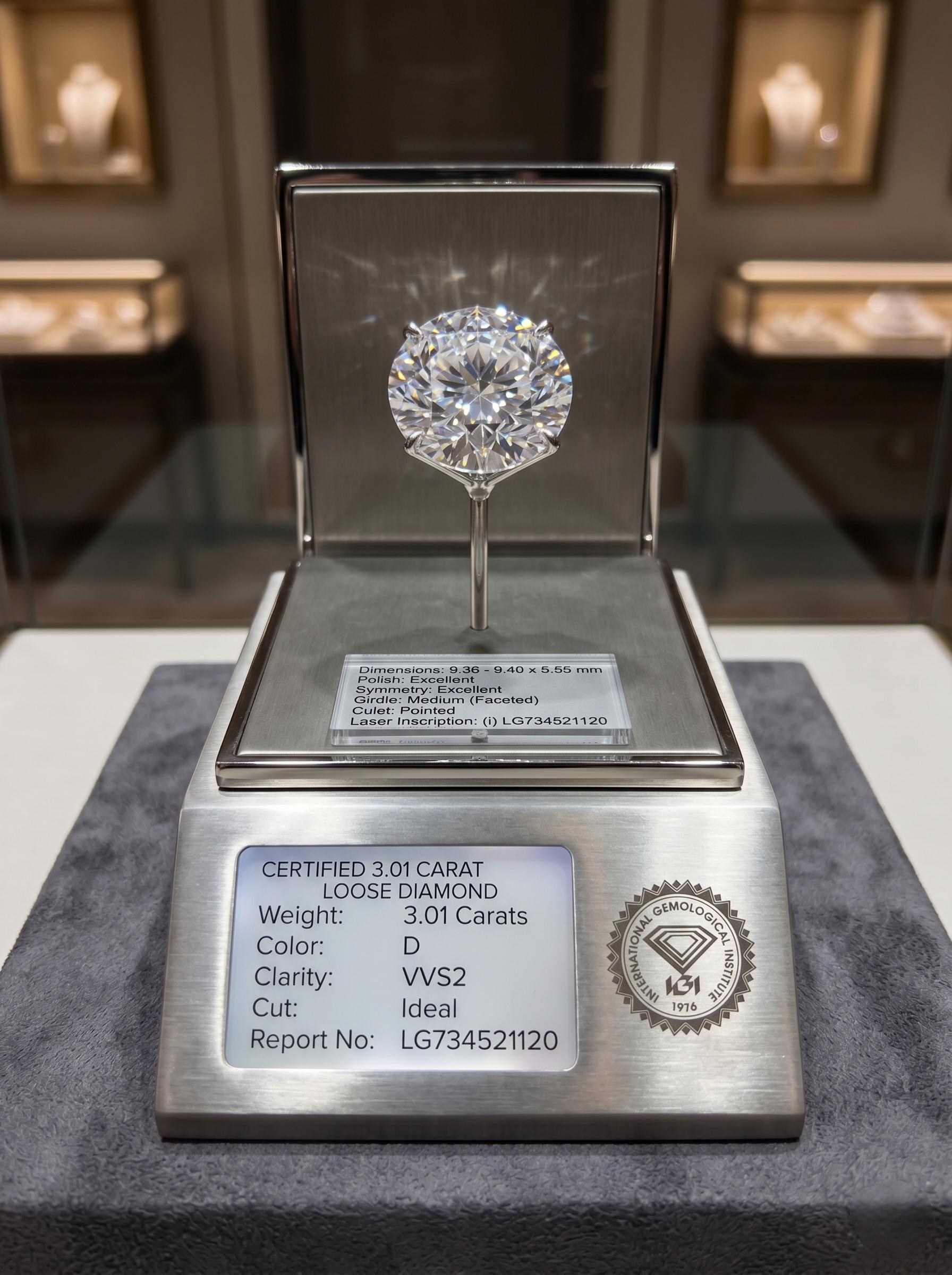 IGI certified lab-grown loose diamond 3.01ct round brilliant — D color VS1, premium grade | TARA AYARH LUNE