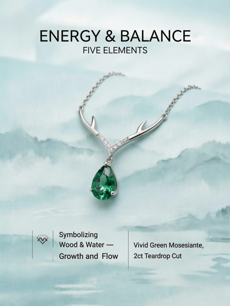 2ct Emerald Green Moissanite Teardrop Pendant Necklace with Antler Setting | Forest Antler | TARA AYARH LUNE