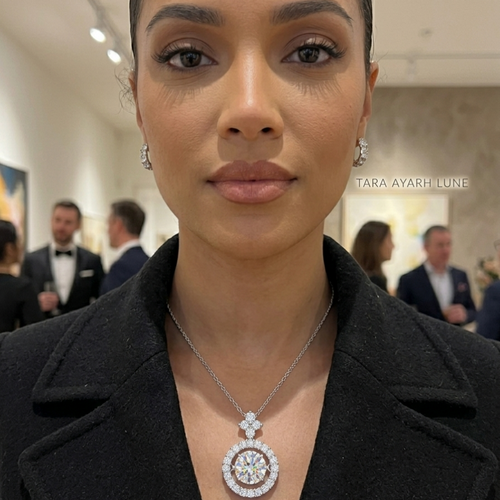 1ct round-cut moissanite kinetic pendant necklace on model — layered halo design, 925 silver | TARA AYARH LUNE