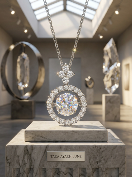 1ct moissanite kinetic pendant necklace product shot — floating stone, multi-layer halo, 925 silver | TARA AYARH LUNE