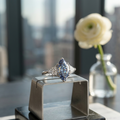 5x10mm marquise blue moissanite three-stone ring — 1ct midnight azure, elongating silhouette | TARA AYARH LUNE