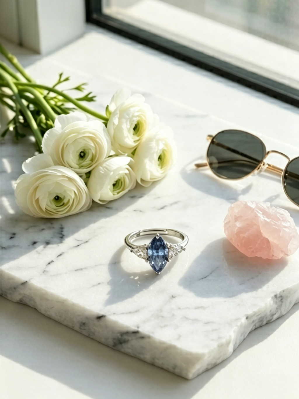 Marquise blue moissanite ring side view — round accent stones, classic claw-prong setting | TARA AYARH LUNE