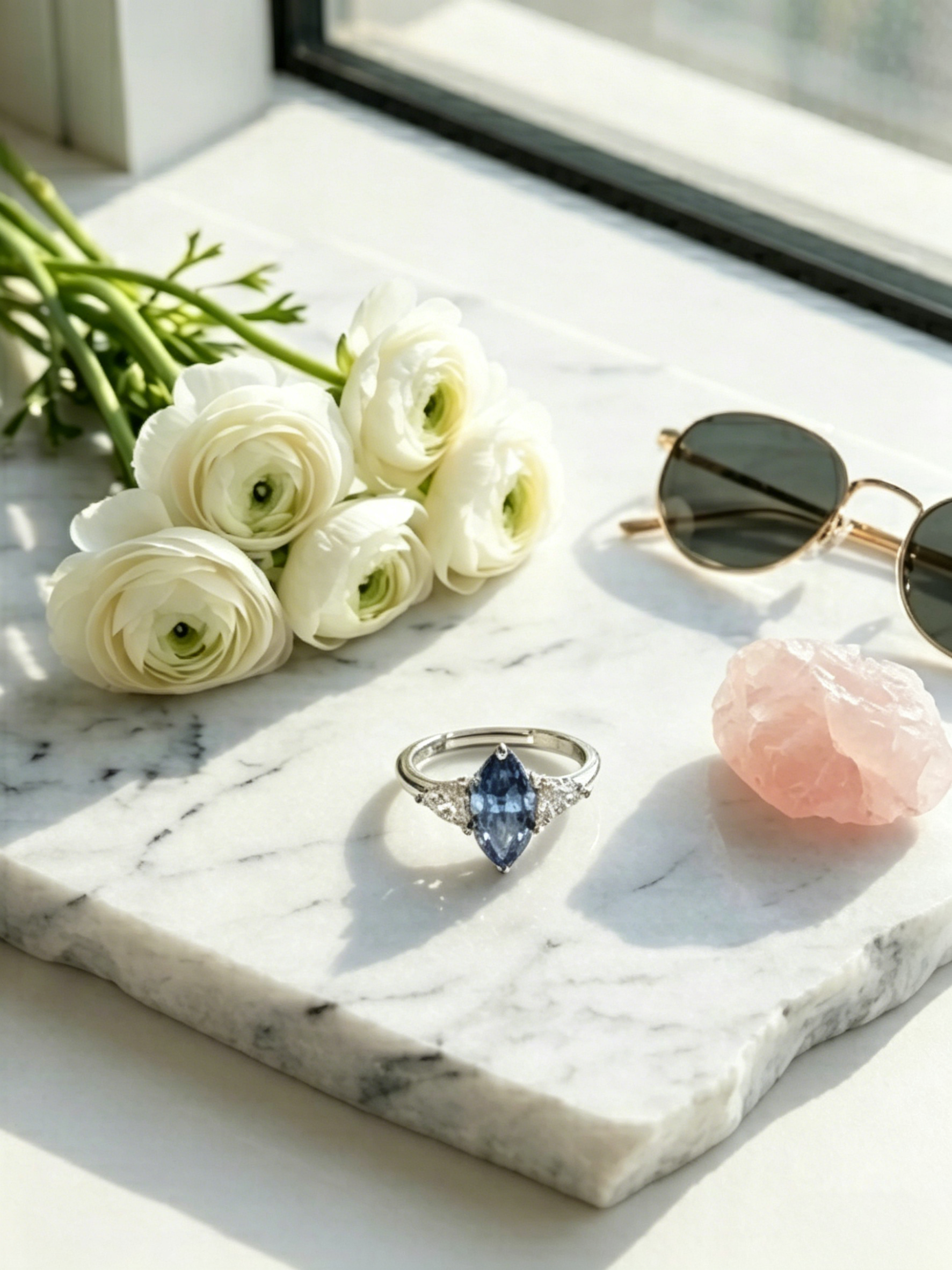 Marquise blue moissanite ring side view — round accent stones, classic claw-prong setting | TARA AYARH LUNE