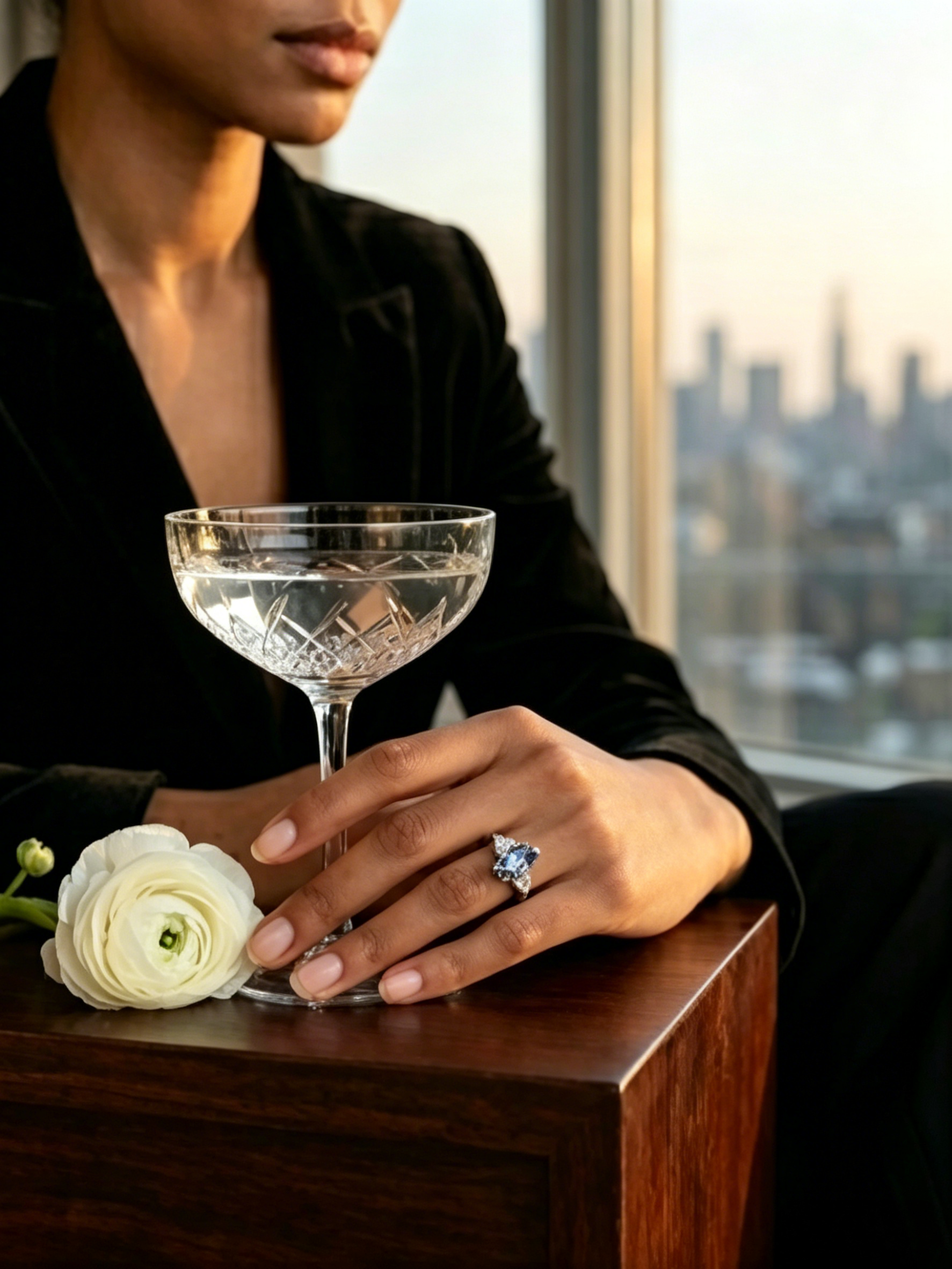 Blue marquise moissanite ring on hand — power ring presence, platinum-plated S925 silver | TARA AYARH LUNE