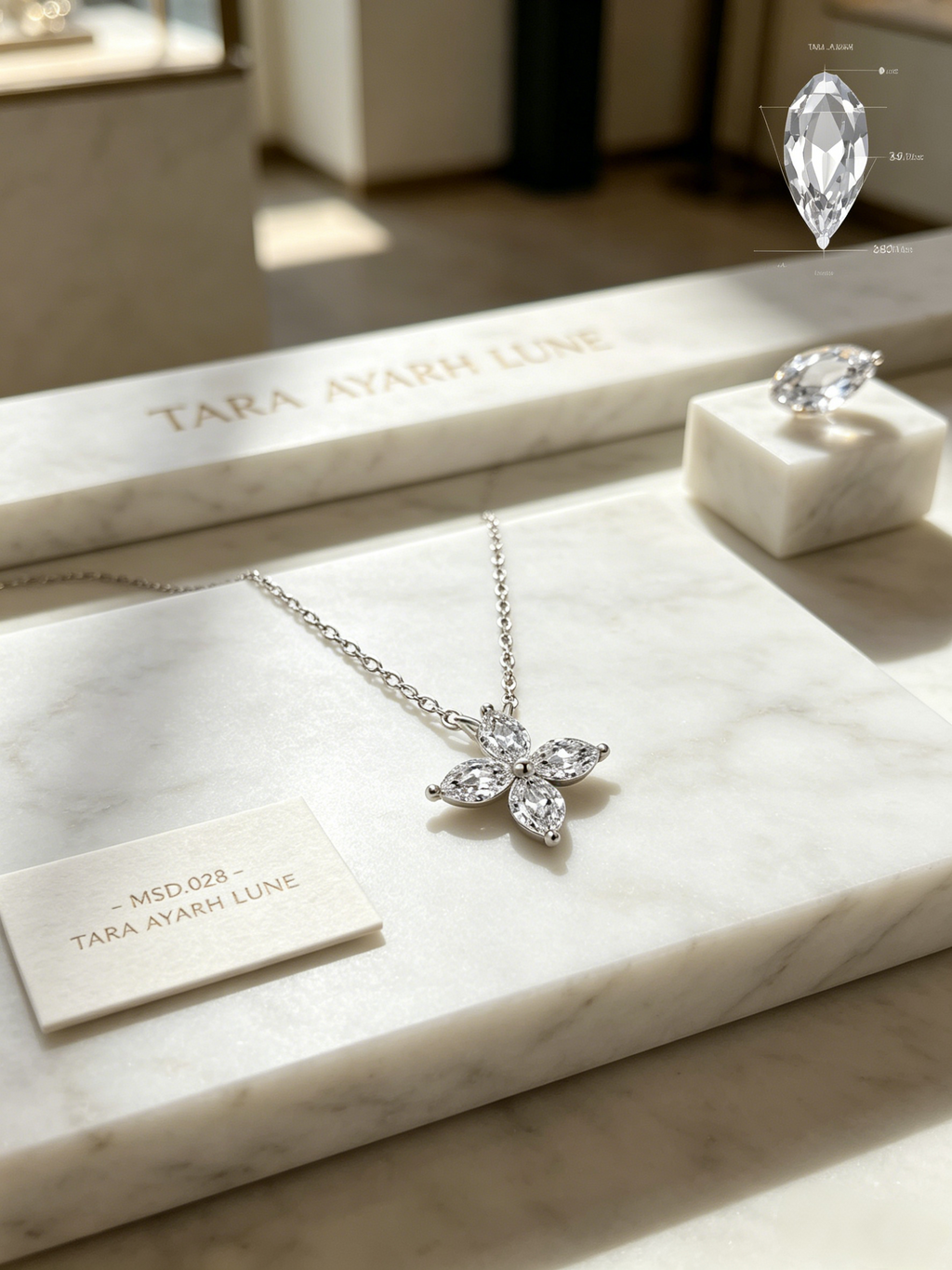 Marquise-Cut Moissanite Floral Pendant Necklace | Botanical Aura Quad-Petal Setting | TARA AYARH LUNE