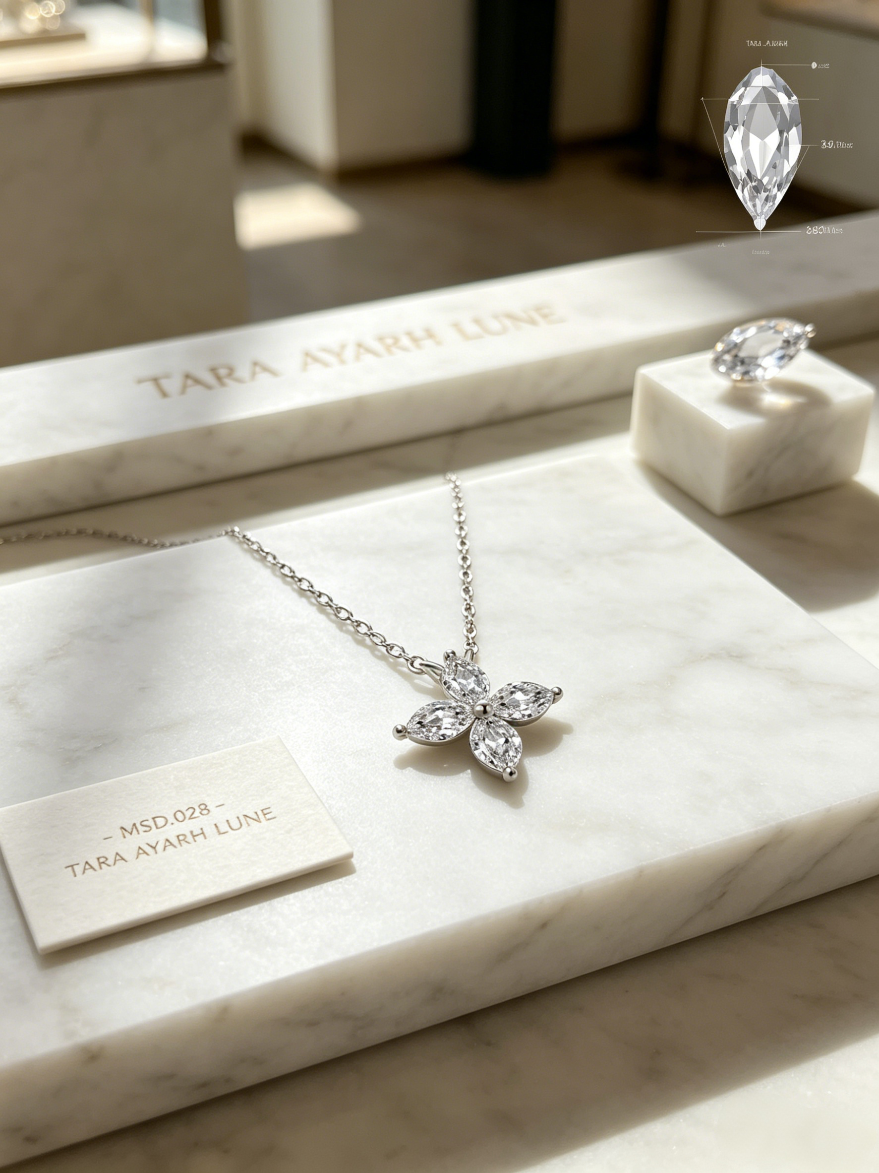 Marquise-Cut Moissanite Floral Pendant Necklace | Botanical Aura Quad-Petal Setting | TARA AYARH LUNE