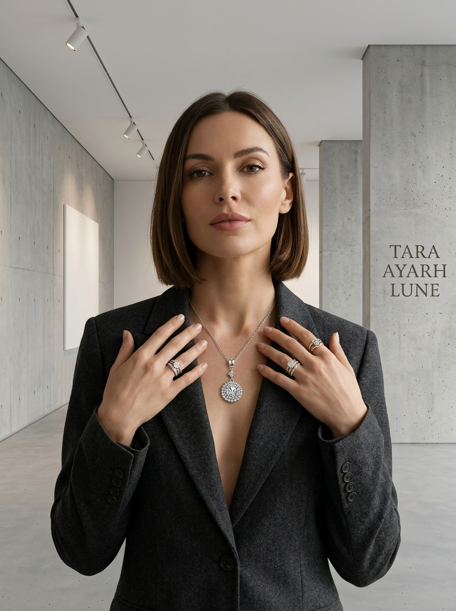 Moissanite Bezel Lariat Pendant on Model | Rhodium-Plated 925 Silver | TARA AYARH LUNE
