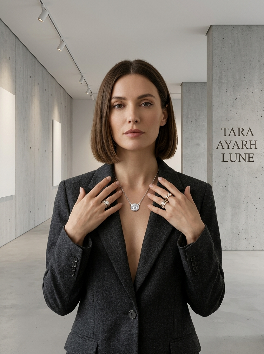 Minimalist Moissanite Bezel Pendant on Model | Rhodium-Plated 925 Silver | TARA AYARH LUNE
