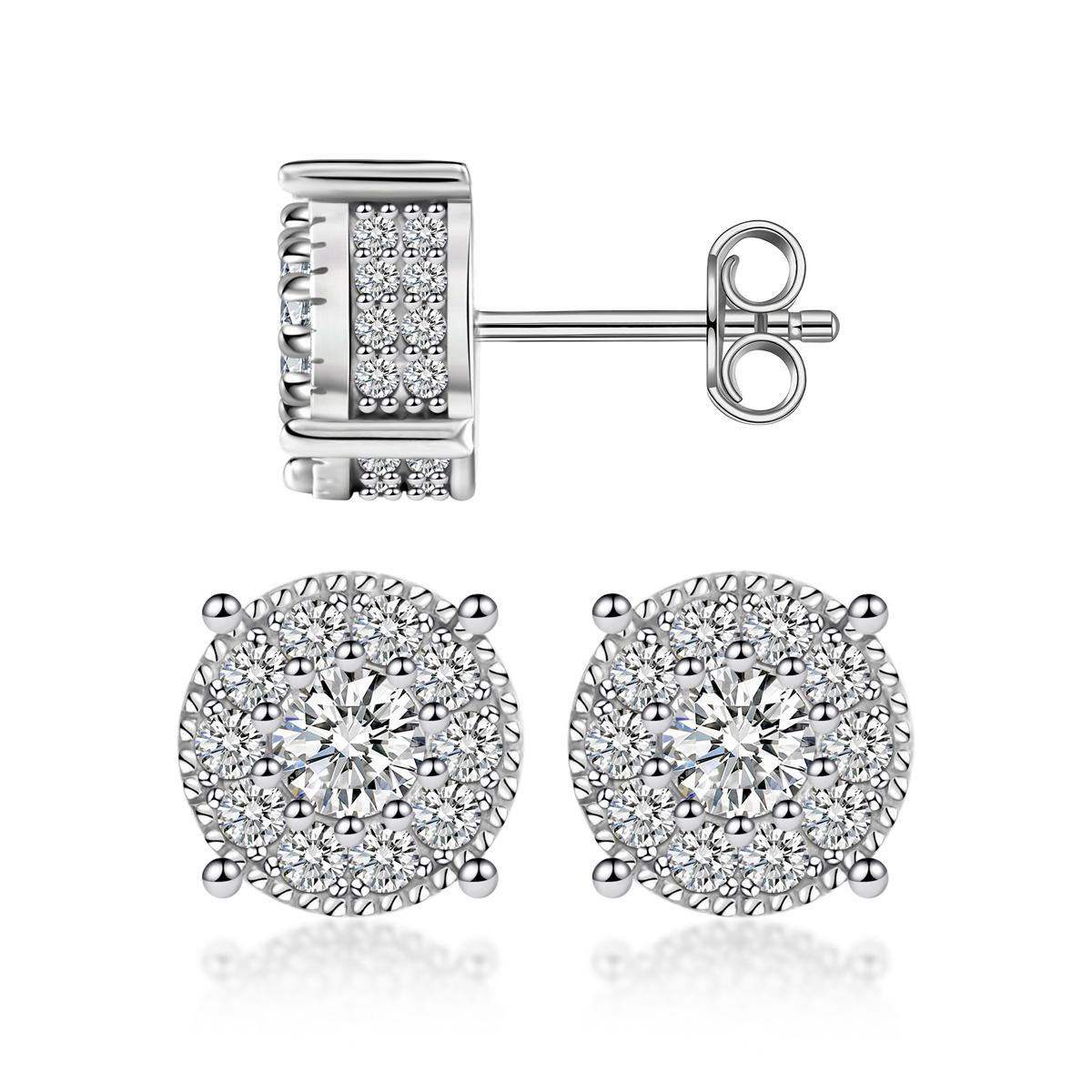 1ctw round moissanite double-layer cake stud earrings — pavé sunburst setting, 925 sterling silver | TARA AYARH LUNE