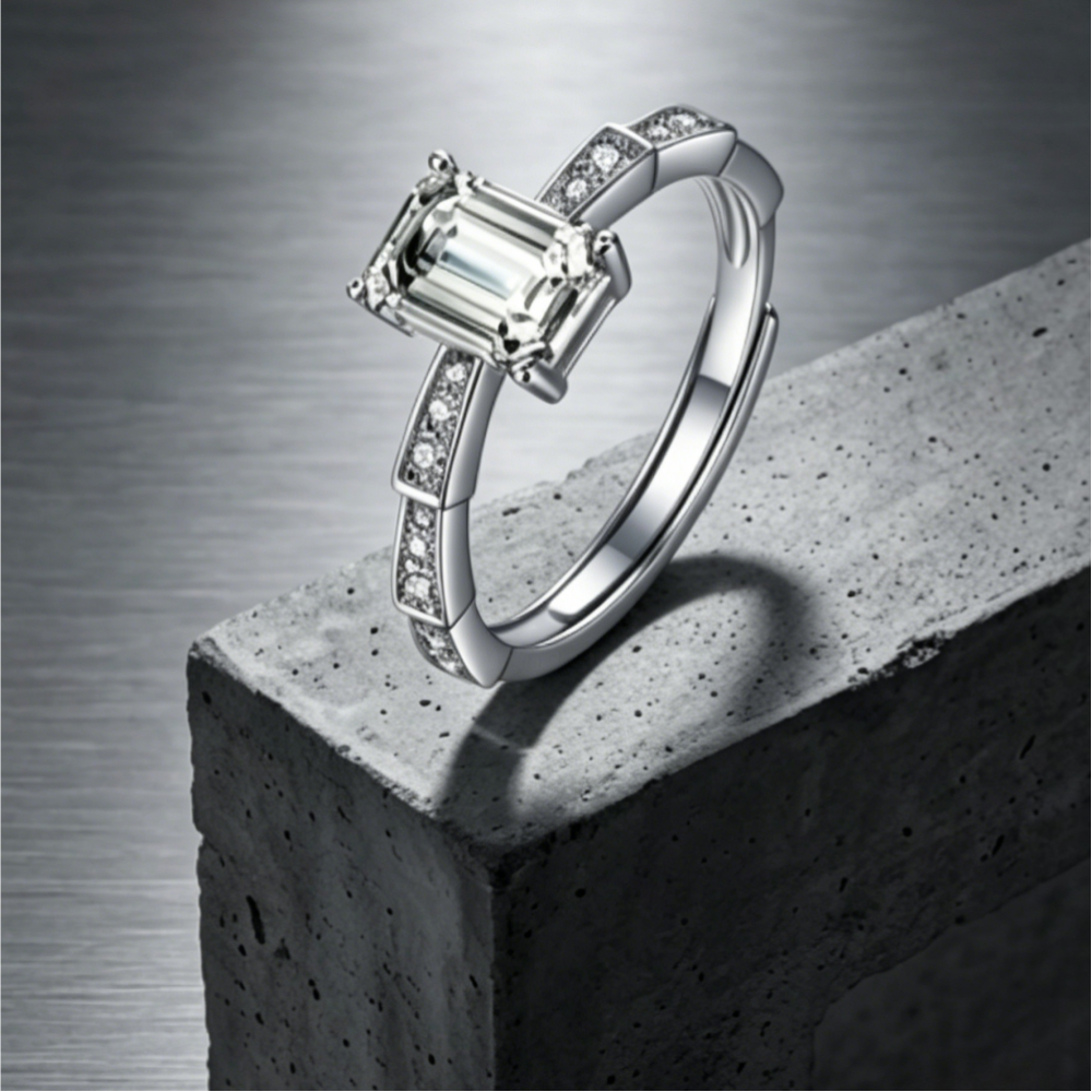 5x7mm emerald-cut moissanite geometric accent ring — 1ct D-color VVS1, carousel segmented band | TARA AYARH LUNE