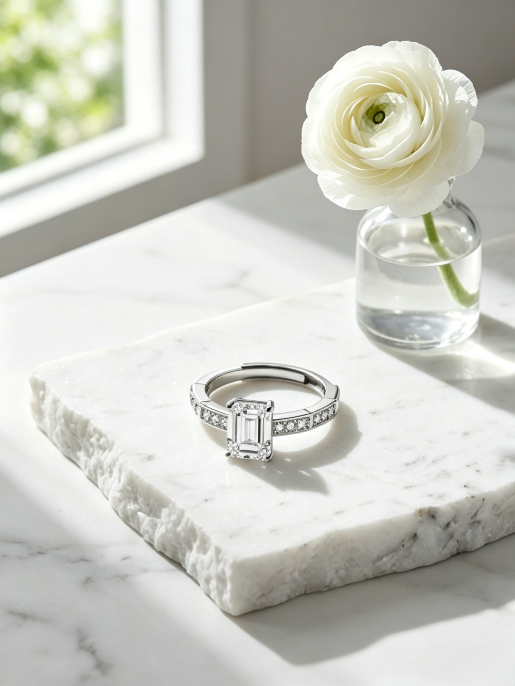 Art Deco moissanite emerald-cut ring — conflict-free lab-grown, platinum-plated sterling silver | TARA AYARH LUNE