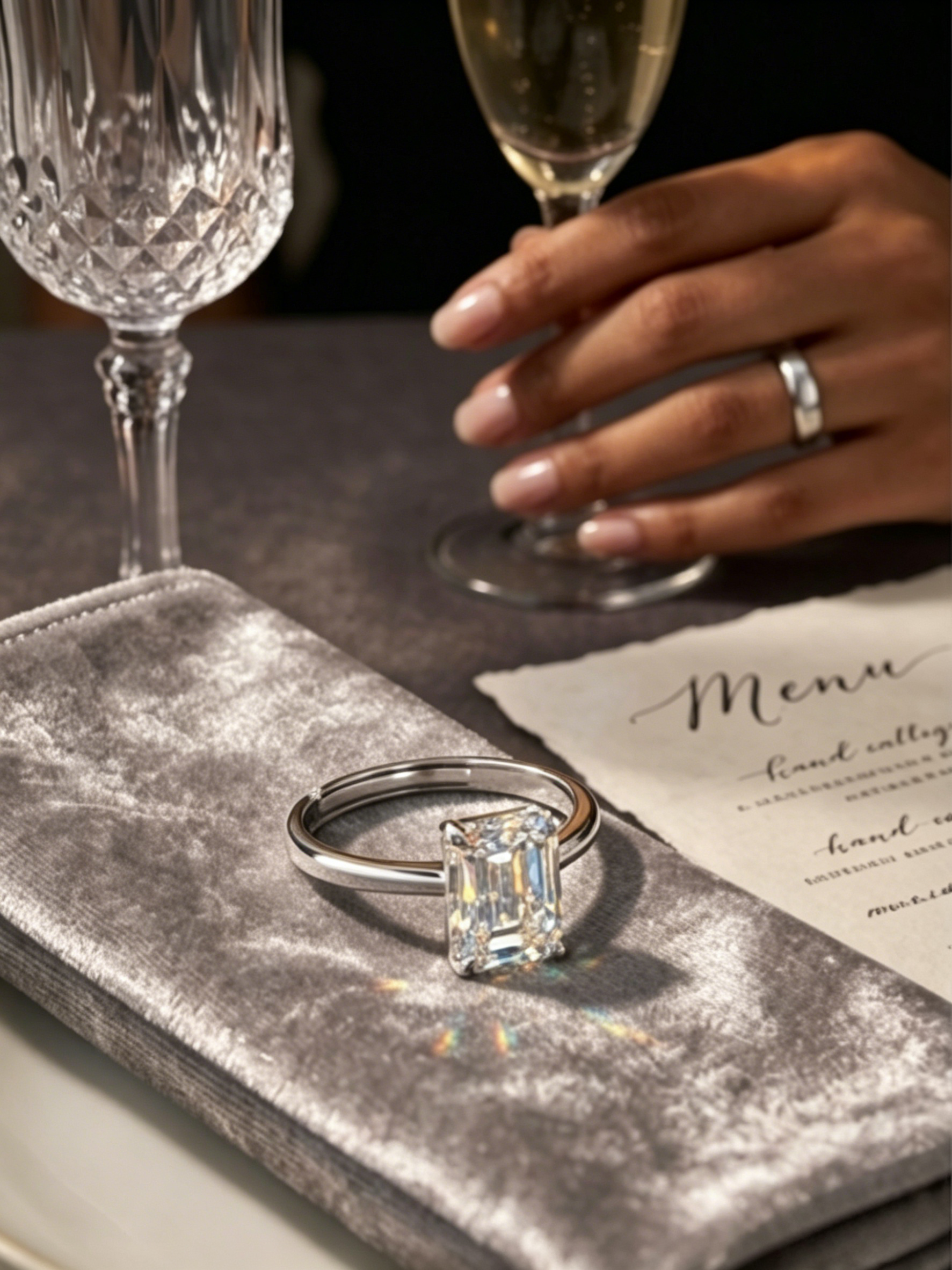 Emerald cut moissanite ring side view — step-cut stone, knife-edge minimalist band | TARA AYARH LUNE