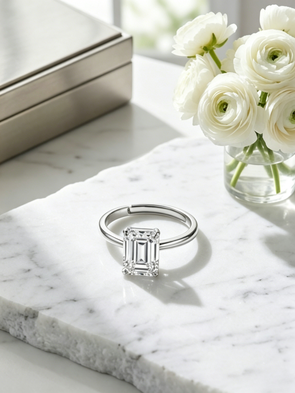1ct emerald-cut moissanite engagement ring — quiet luxury aesthetic, conflict-free lab-grown | TARA AYARH LUNE