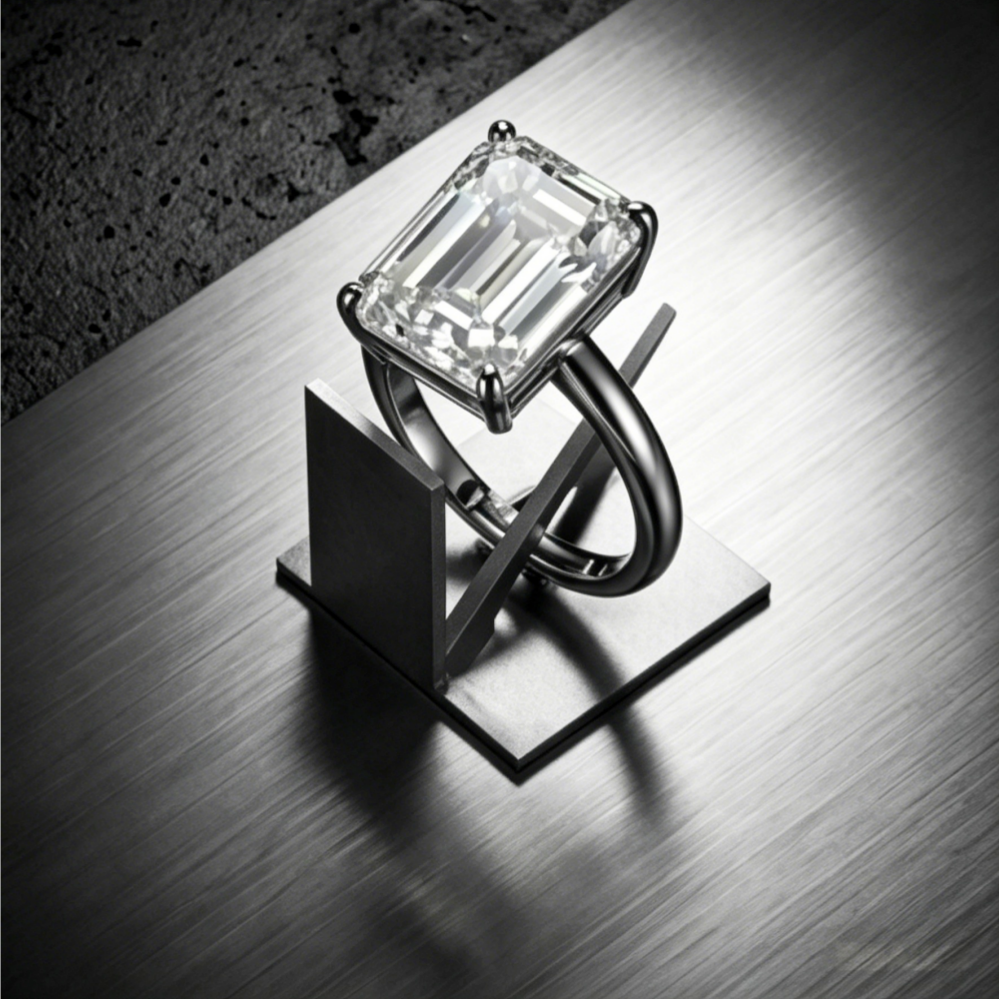 7x9mm emerald-cut moissanite solitaire ring — 3ct D-color VVS1, modern heritage setting | TARA AYARH LUNE