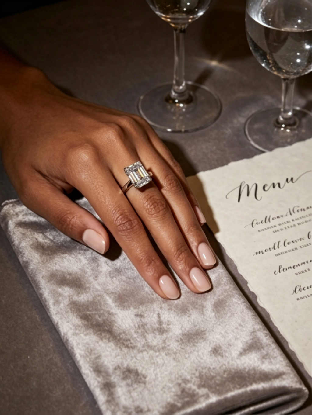 Emerald cut moissanite ring side view — hall-of-mirrors step-cut effect, slim band | TARA AYARH LUNE