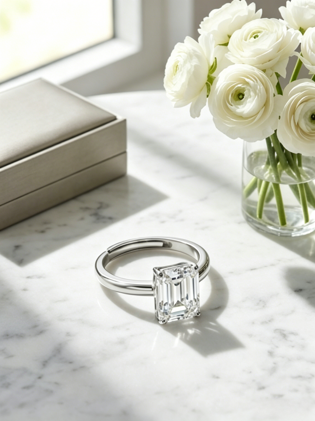 3ct emerald-cut moissanite engagement ring — quiet luxury aesthetic, conflict-free lab-grown | TARA AYARH LUNE