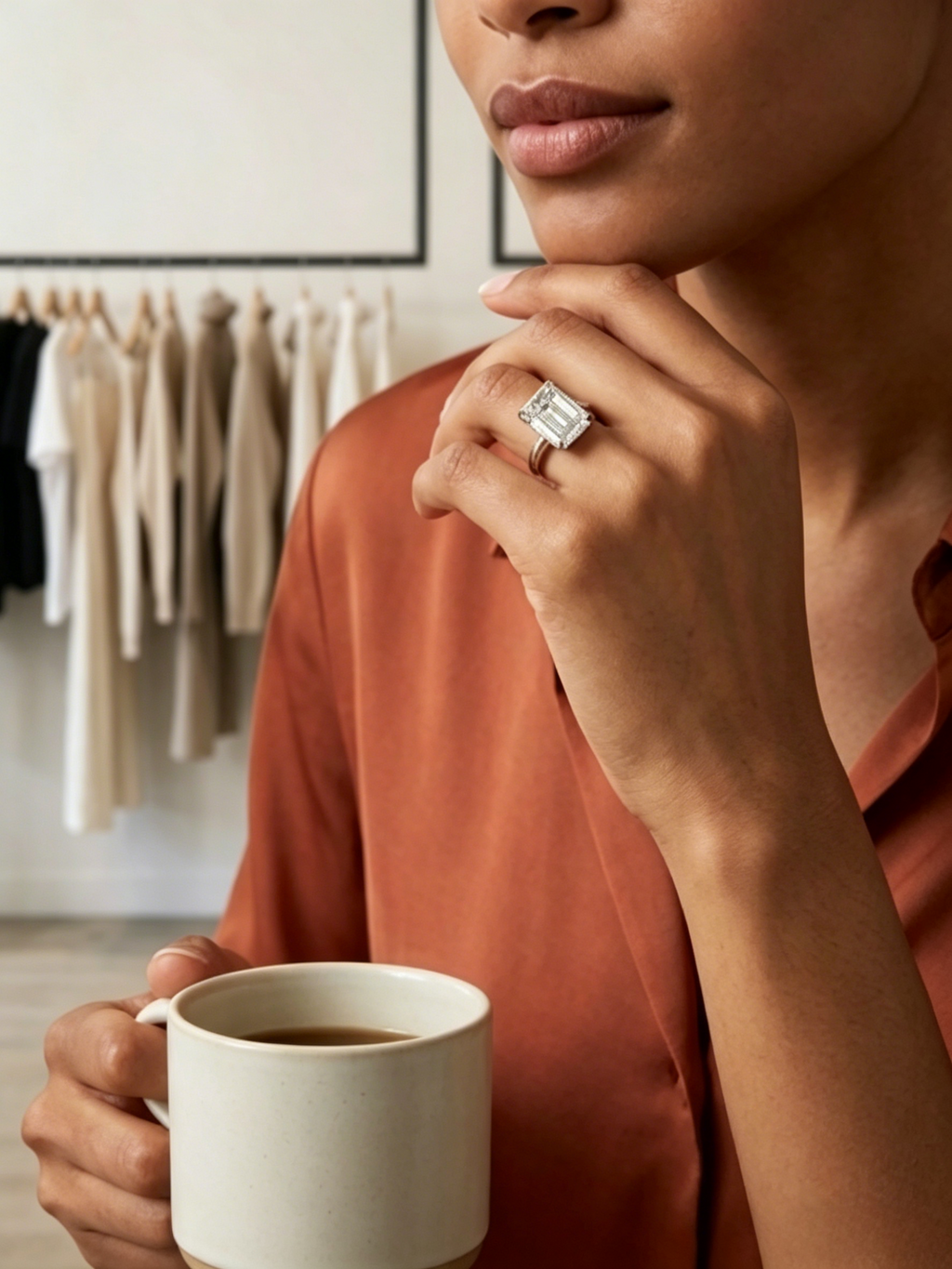 Emerald cut moissanite solitaire ring on hand — elongating silhouette, platinum-plated S925 silver | TARA AYARH LUNE