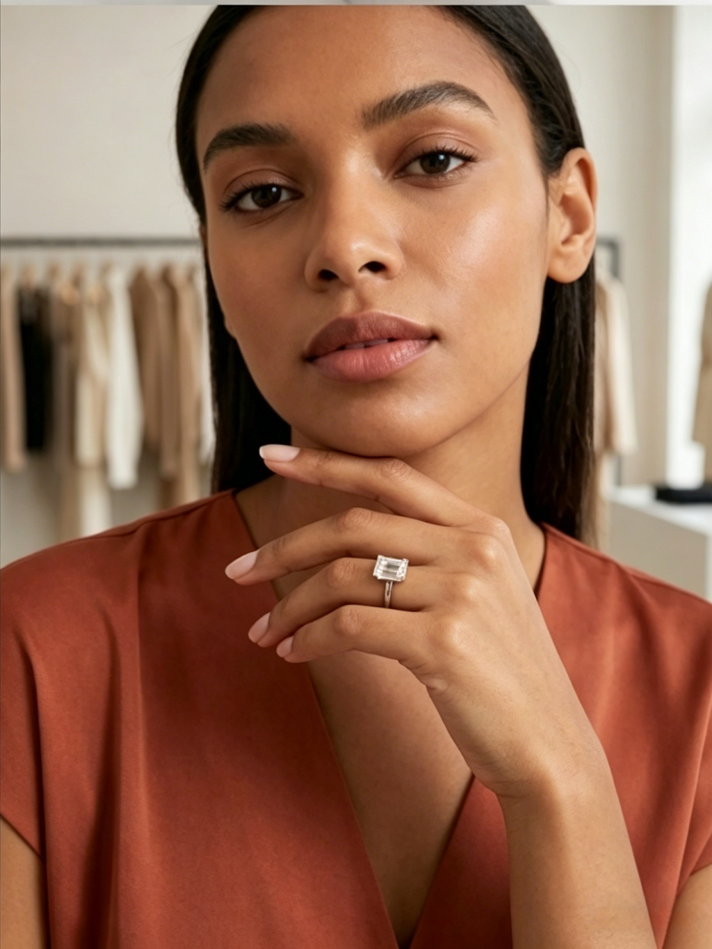 Emerald cut moissanite solitaire ring on hand — elongating silhouette, platinum-plated S925 silver | TARA AYARH LUNE