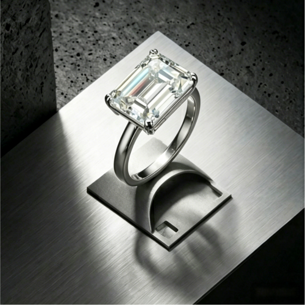 9x11mm emerald-cut moissanite solitaire ring — 5ct D-color VVS1, sovereign statement setting | TARA AYARH LUNE