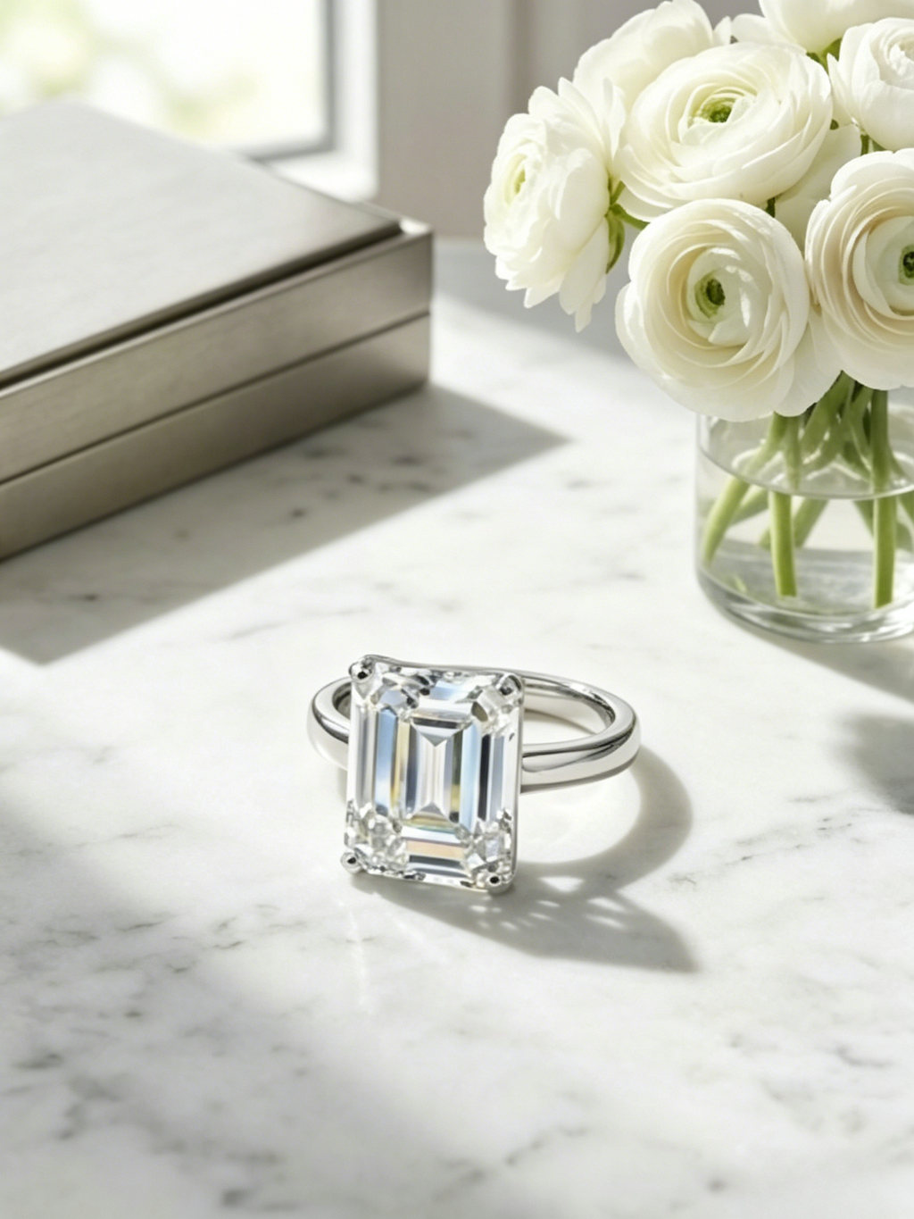 5 carat emerald-cut moissanite statement ring — conflict-free lab-grown, quiet luxury aesthetic | TARA AYARH LUNE