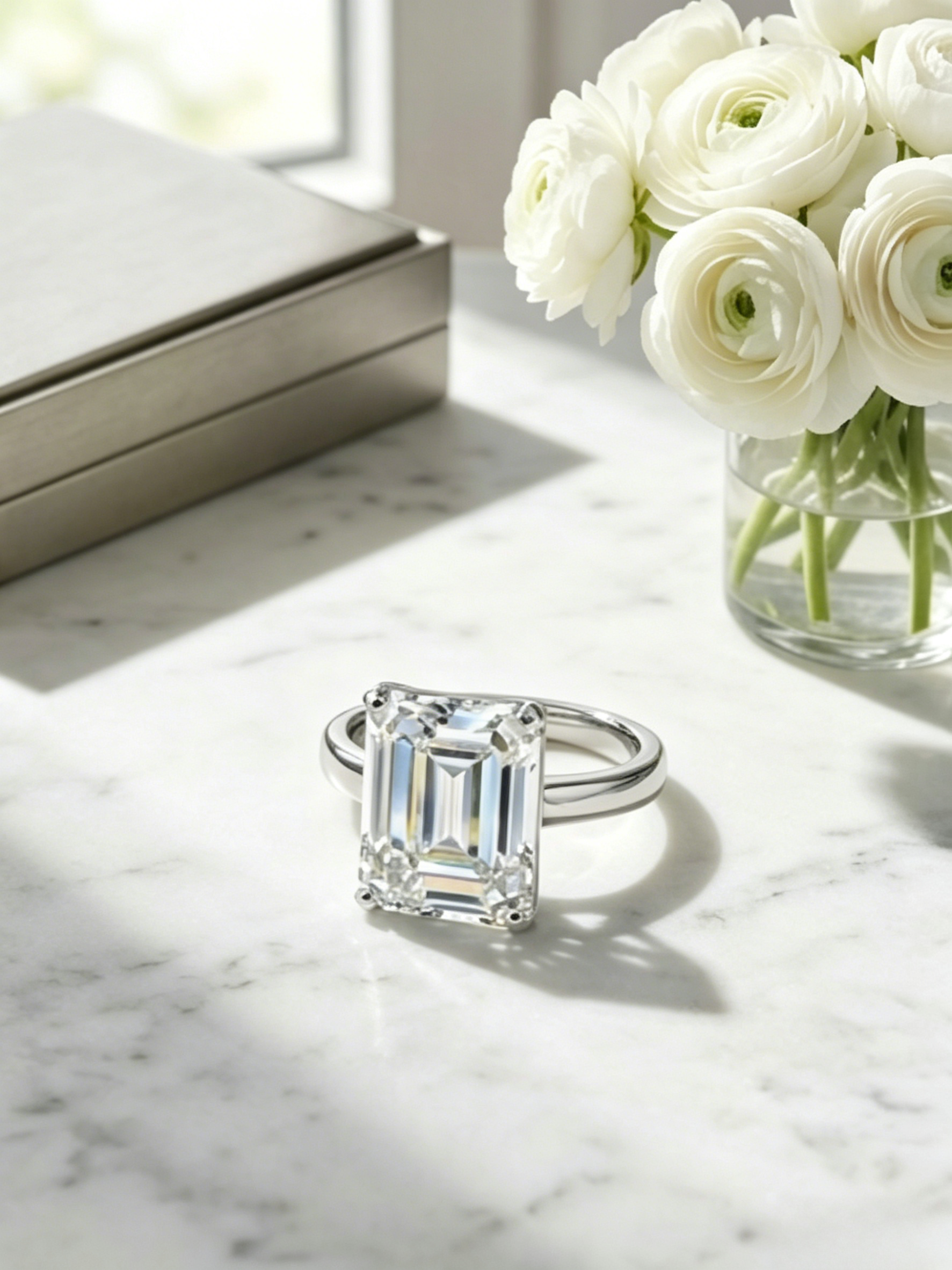 5 carat emerald-cut moissanite statement ring — conflict-free lab-grown, quiet luxury aesthetic | TARA AYARH LUNE