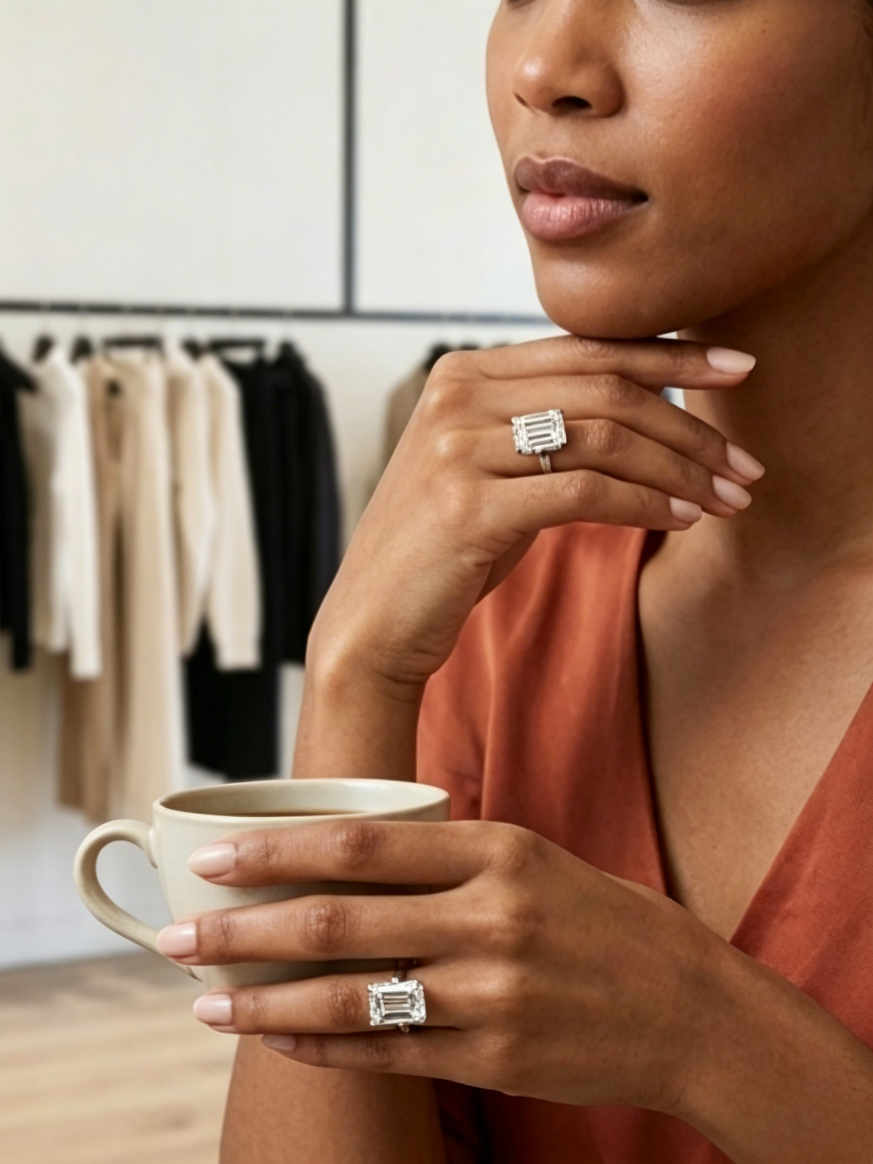 Emerald cut moissanite solitaire ring on hand — 9x11mm elongating silhouette, platinum-plated S925 silver | TARA AYARH LUNE