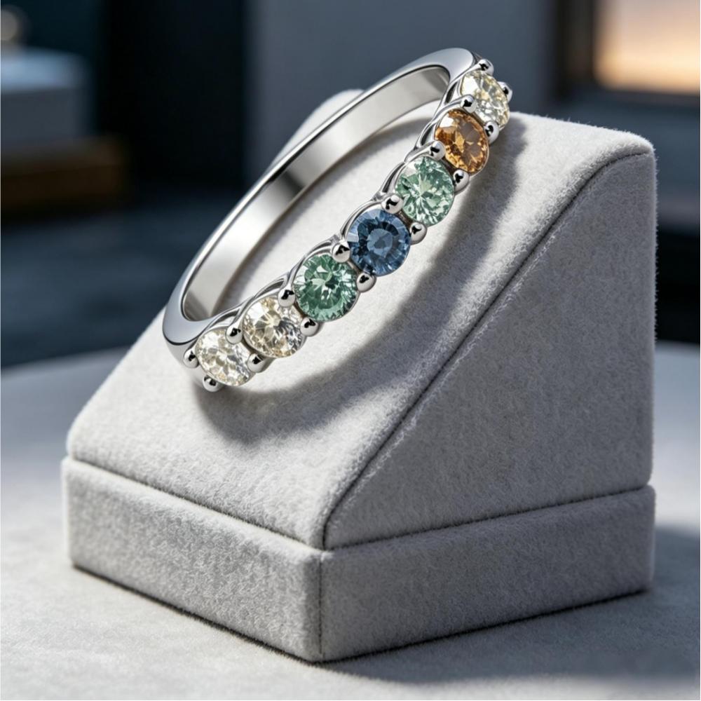 Moissanite eternity wedding band — rainbow multi-color stones, MSR056 | TARA AYARH LUNE