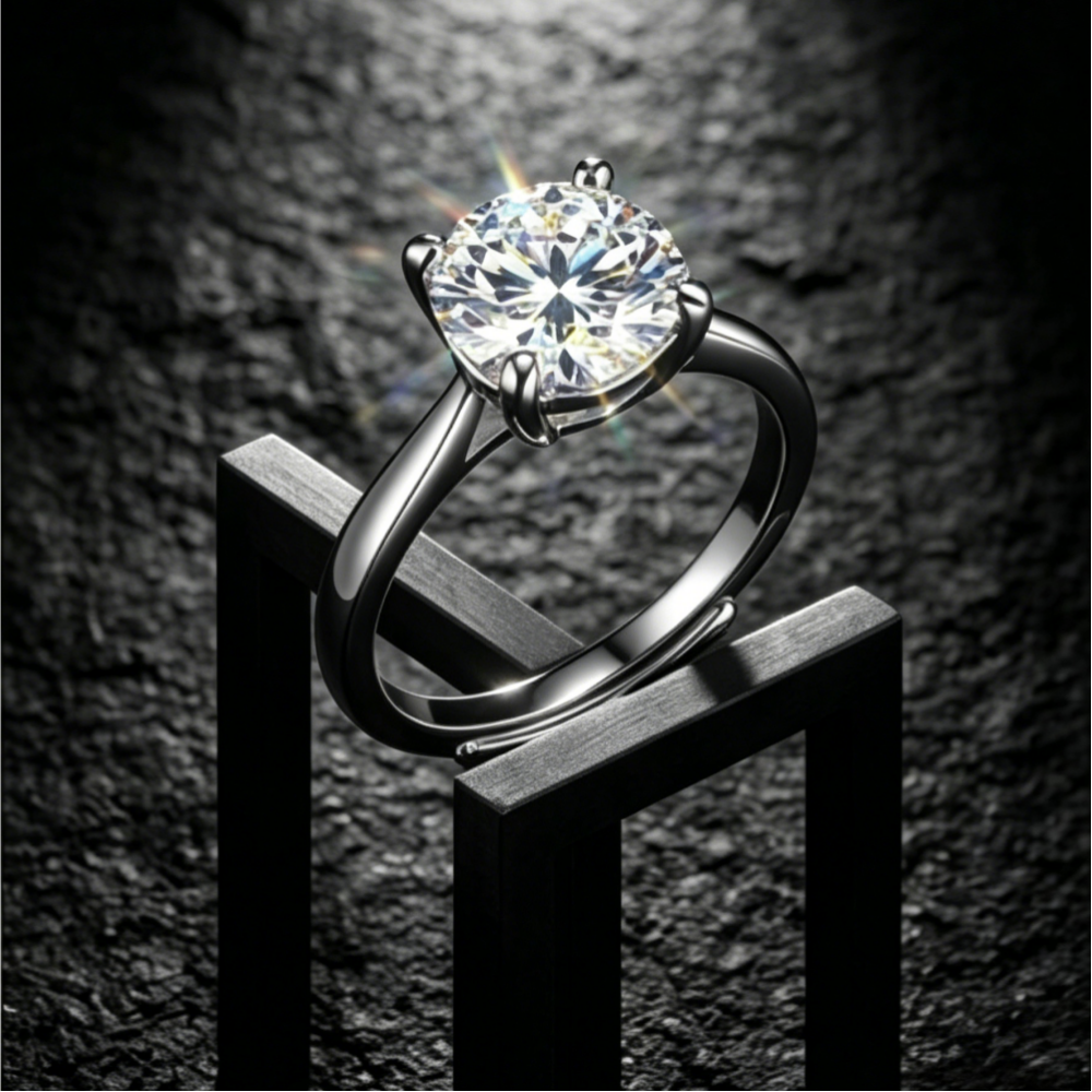 9mm round-cut moissanite four-prong solitaire ring — 3ct D-color VVS1, architectural mount | TARA AYARH LUNE