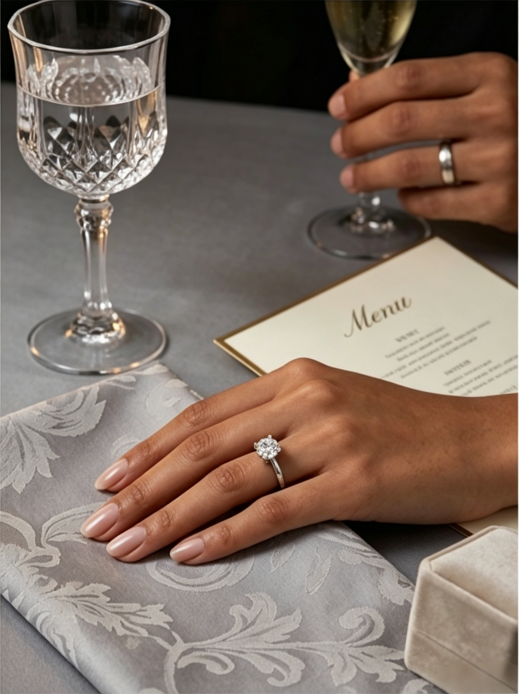 Moissanite four-prong solitaire ring side view — high-set mount, platinum-plated sterling silver | TARA AYARH LUNE