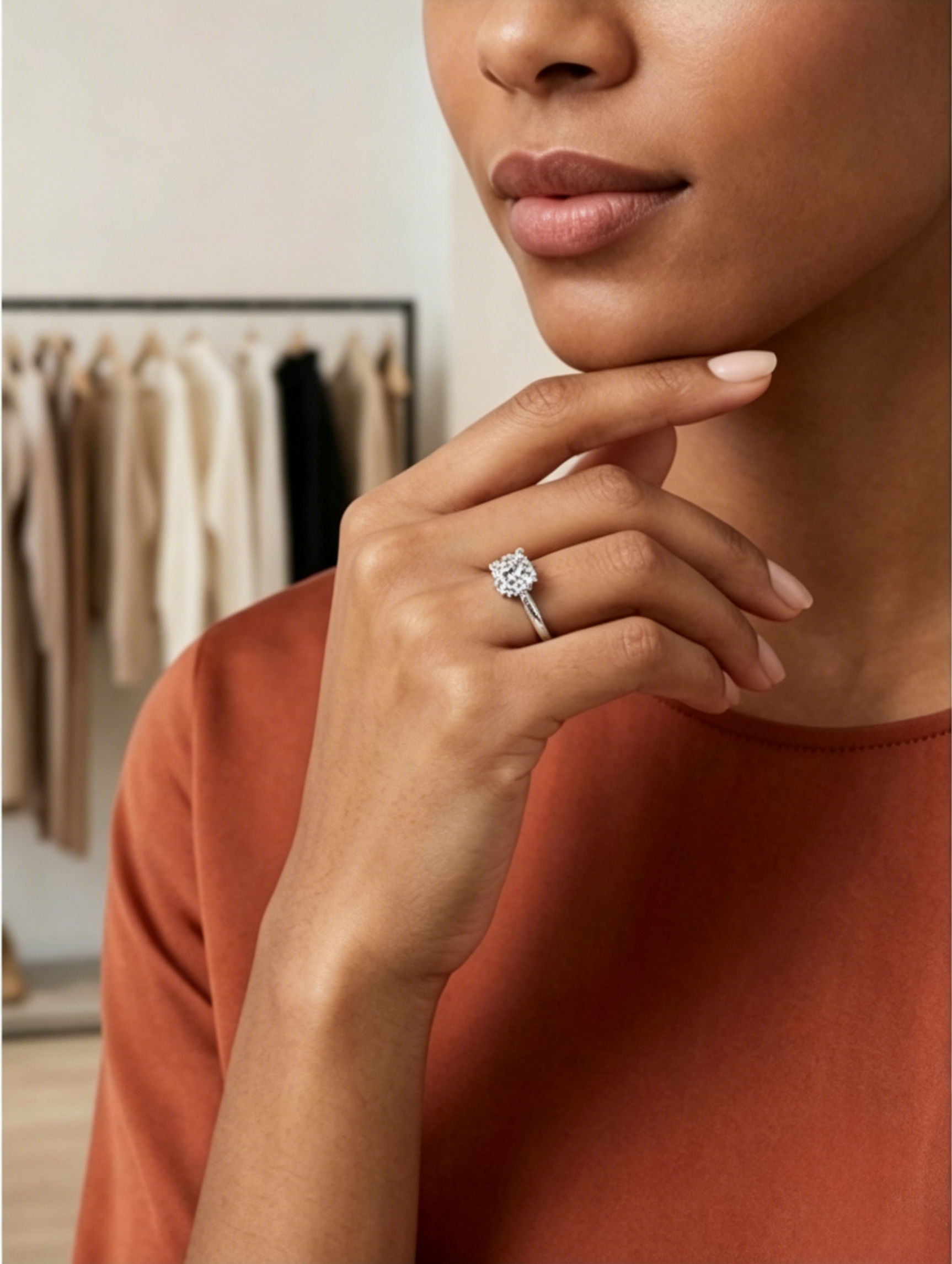Four-prong moissanite engagement ring on hand — 9mm center stone, bold statement setting | TARA AYARH LUNE