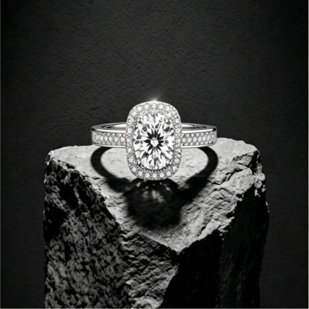 6.5mm round moissanite geometric halo solitaire ring — 1ct D-color VVS1, cushion frame setting | TARA AYARH LUNE