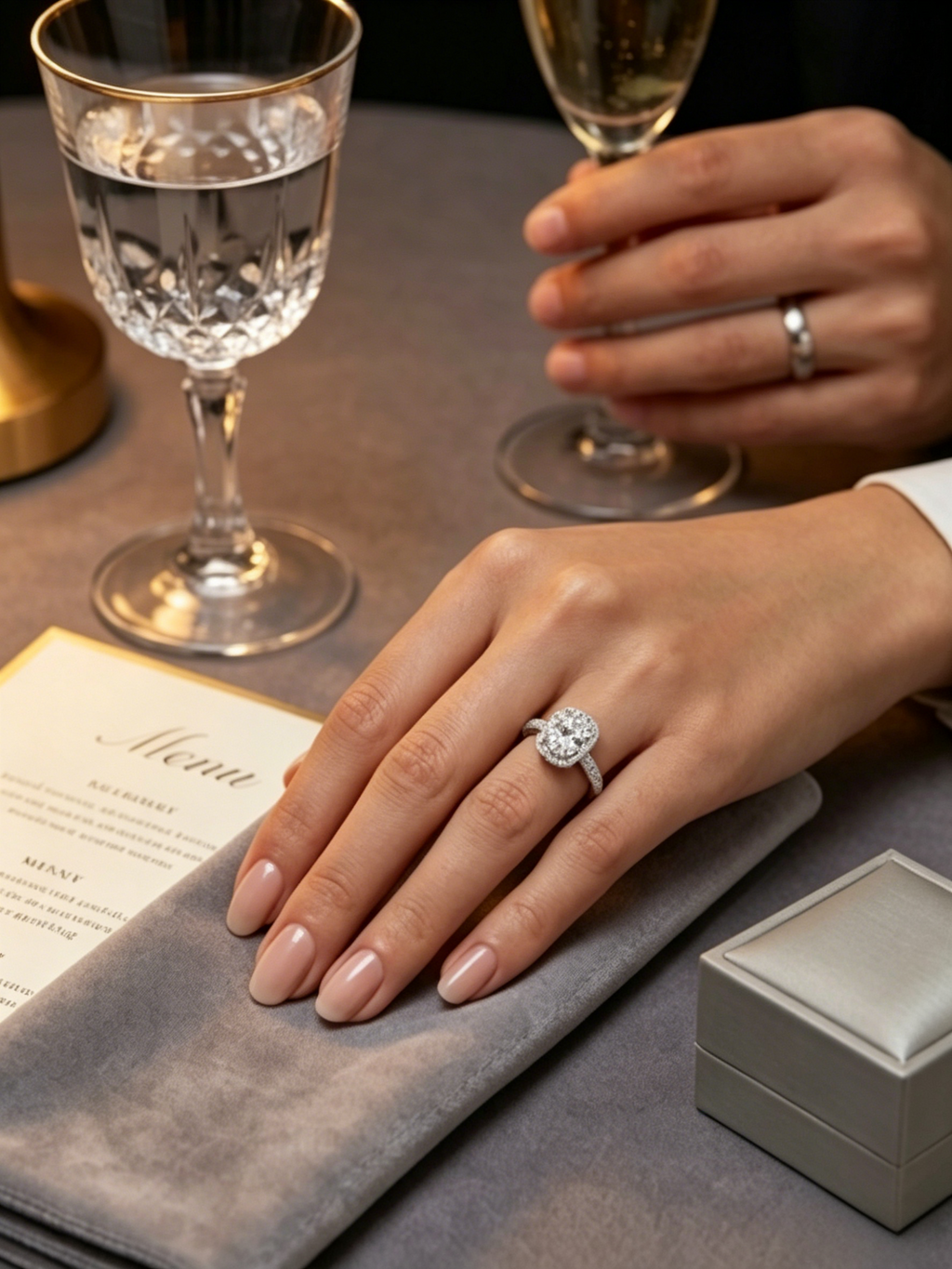 Moissanite cushion halo ring side view — micropavé accents, half-eternity pavé band | TARA AYARH LUNE