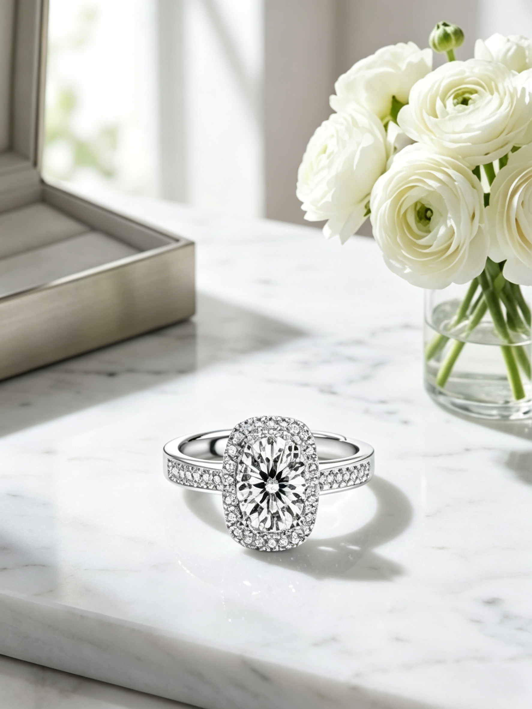 Round brilliant moissanite halo engagement ring — conflict-free lab-grown, platinum-plated S925 silver | TARA AYARH LUNE