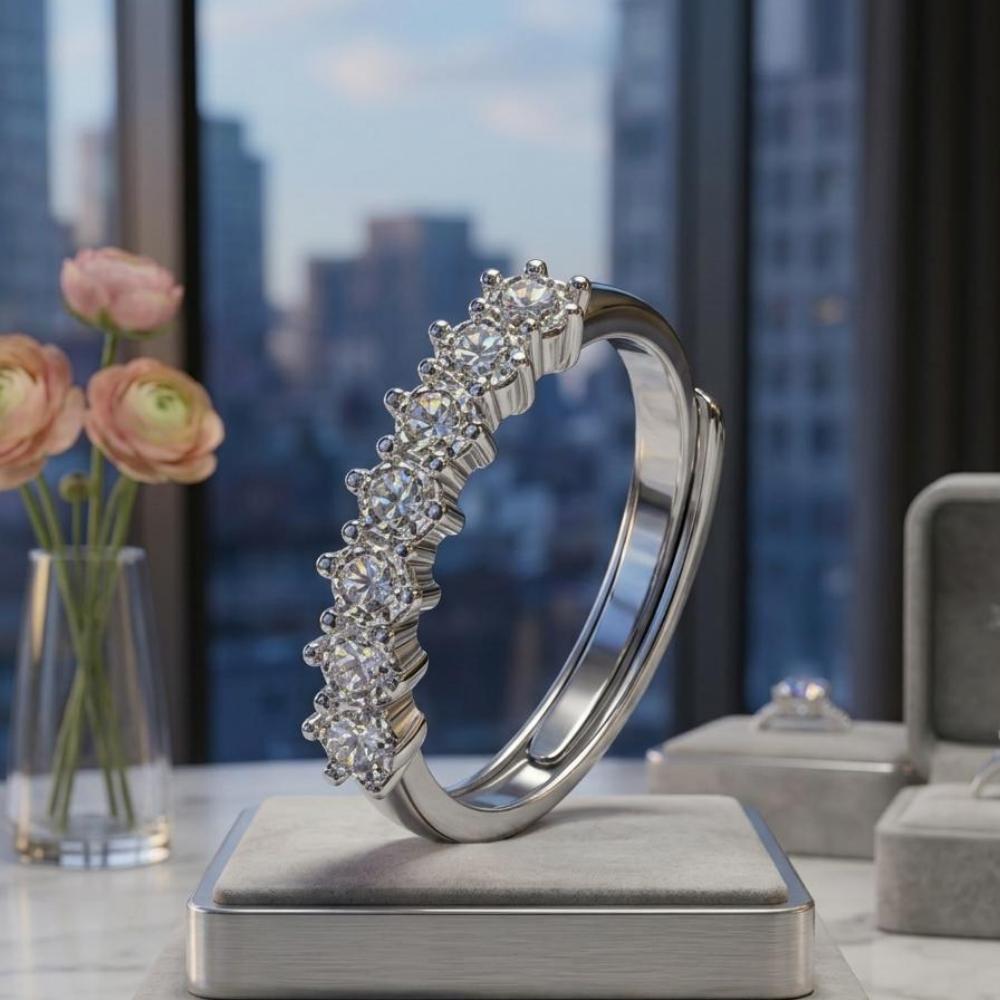 Moissanite half-eternity stacking band — silver rhodium-plated, lifestyle editorial | TARA AYARH LUNE