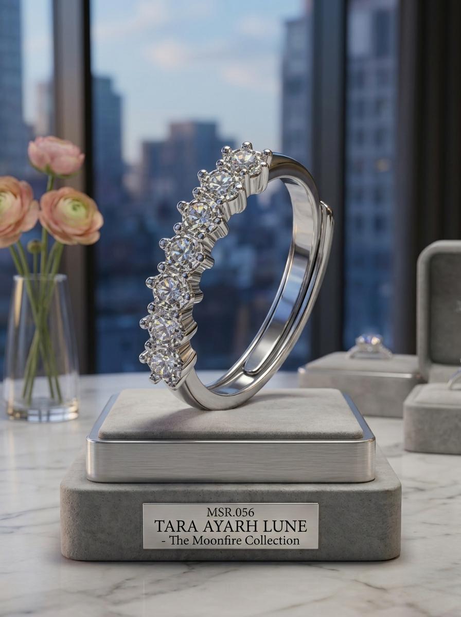 Moissanite half-eternity band on display stand — minimalist profile, continuous brilliance | TARA AYARH LUNE