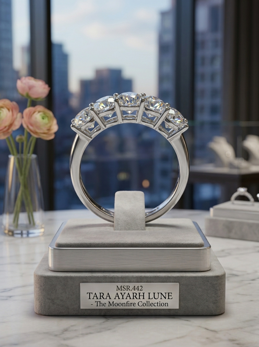 Moissanite half-eternity stacking band front view — round brilliant stones, VVS1 clarity | TARA AYARH LUNE