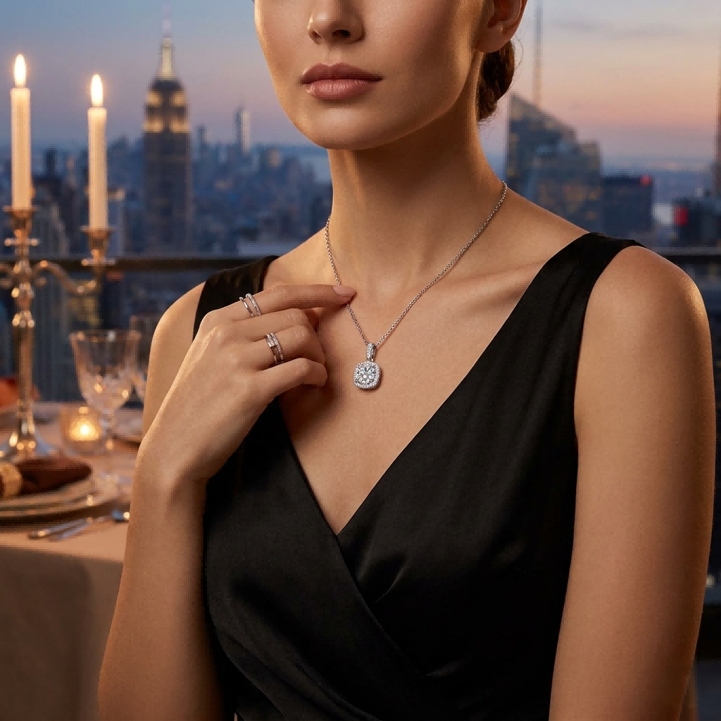1ct Round-Cut Moissanite Halo Pendant Necklace | Carbon Lab | TARA AYARH LUNE