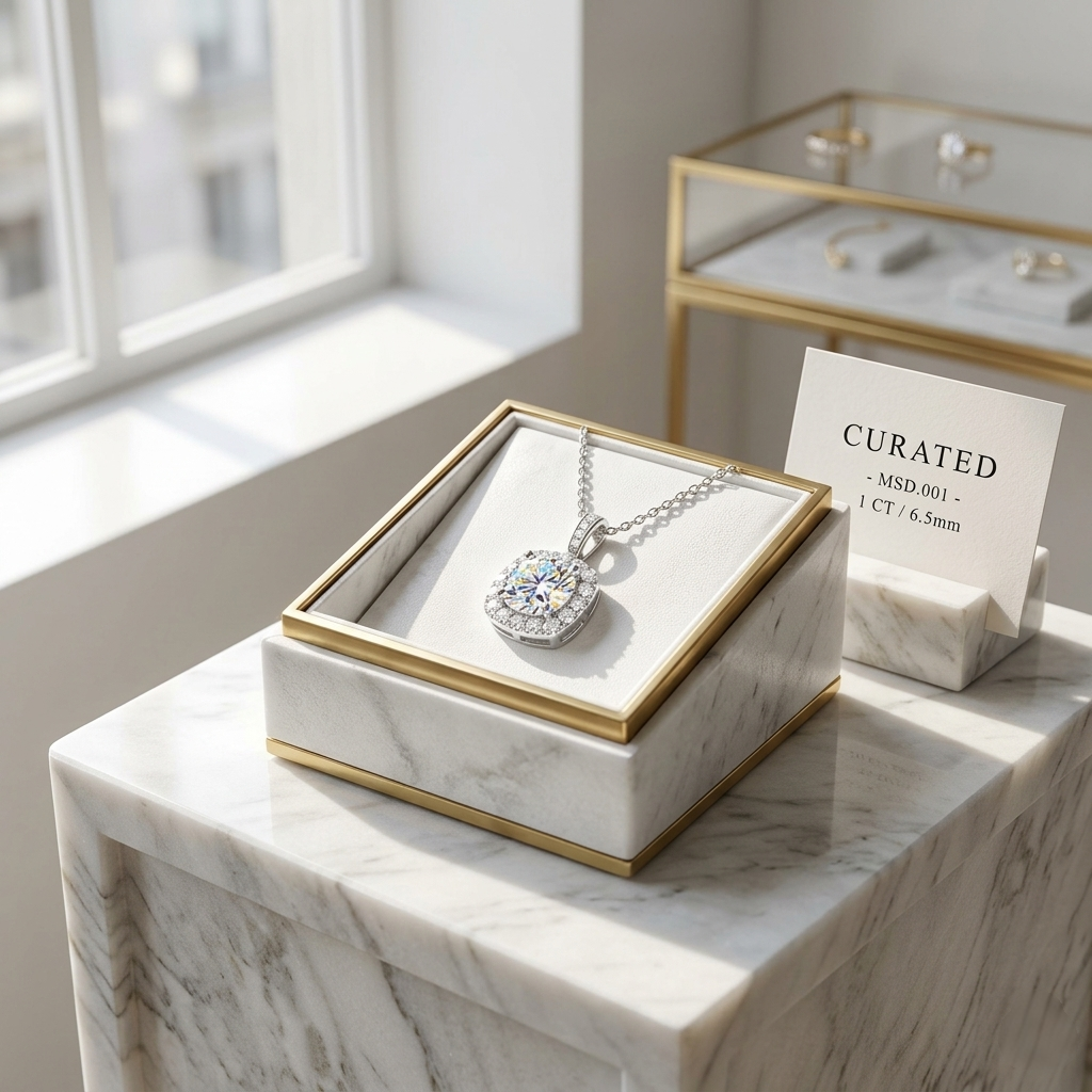 1ct Round-Cut Moissanite Halo Pendant Necklace | Carbon Lab | TARA AYARH LUNE