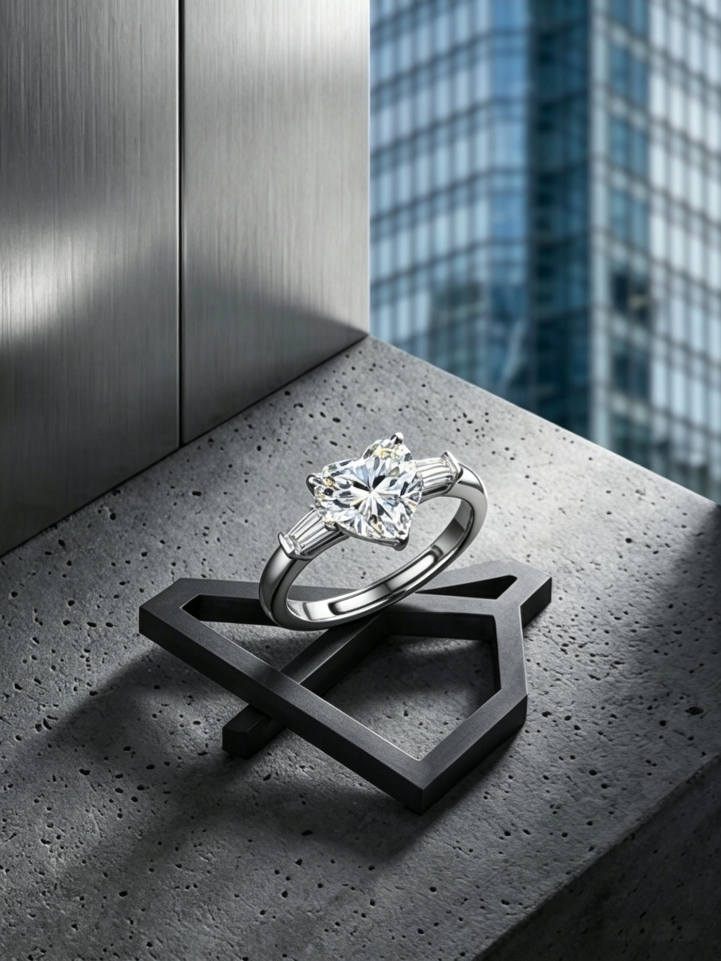 Heart moissanite ring with baguette accents on hand — modern romantic, platinum-plated S925 silver | TARA AYARH LUNE