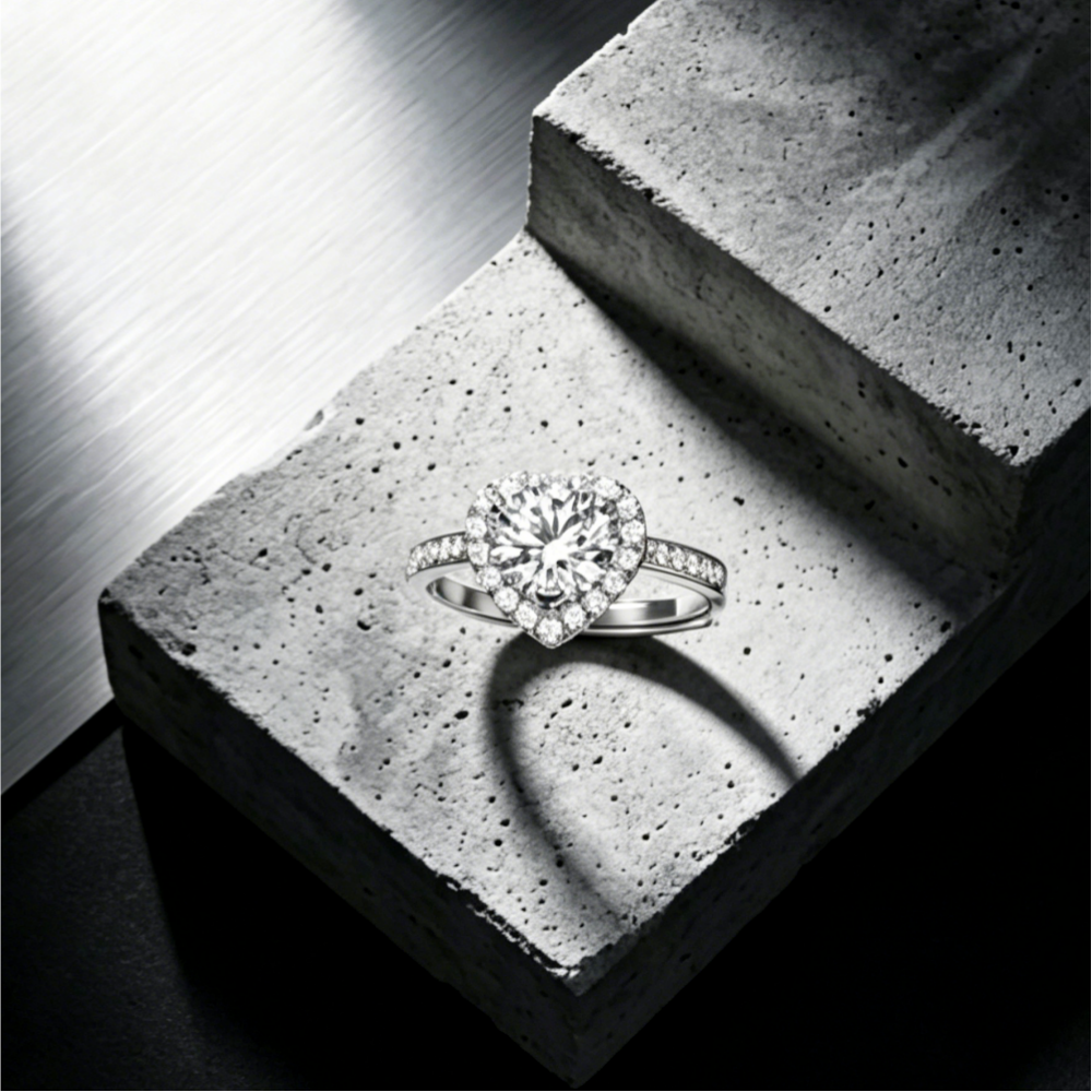 6.5mm round moissanite heart pavé halo statement ring — 1ct D-color VVS1, sweetheart setting | TARA AYARH LUNE