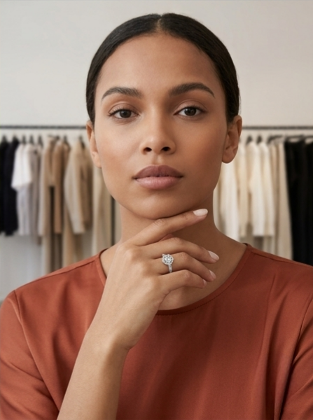 Heart pavé moissanite ring on hand — romantic heart-shaped halo, brilliant round center stone | TARA AYARH LUNE
